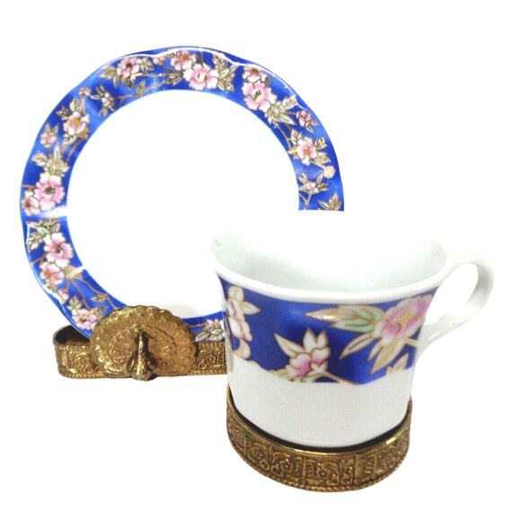 VTG Blue White 6oz DEMITASSE Espresso TEA CUP & SAUCER Pink Gold Floral TR Mark - Picture 1 of 8